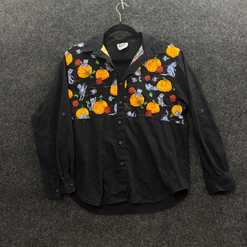 Vintage Tap & Co Halloween Cat Pumpkin Button Down Shirt Black 90s Large